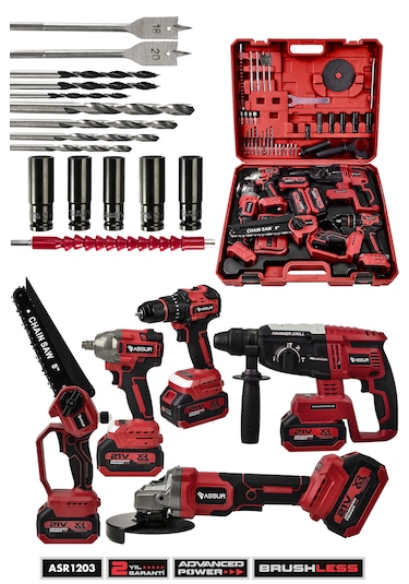Assur ASR1203 21V Darbeli Kömürsüz 5'li Set Kırıcı Delici Hilti + Somun Sıkma Sökme + Testere + Matkap Vidalama + Taşlama Kırmızı