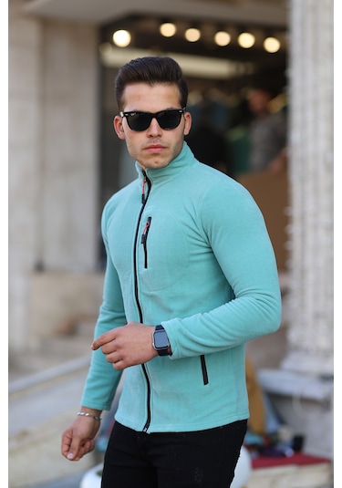 Kozik Çağla Standart-fit Kalıp Tam Fermuarlı 3 Çepli Erkek Polar Açık Mavi