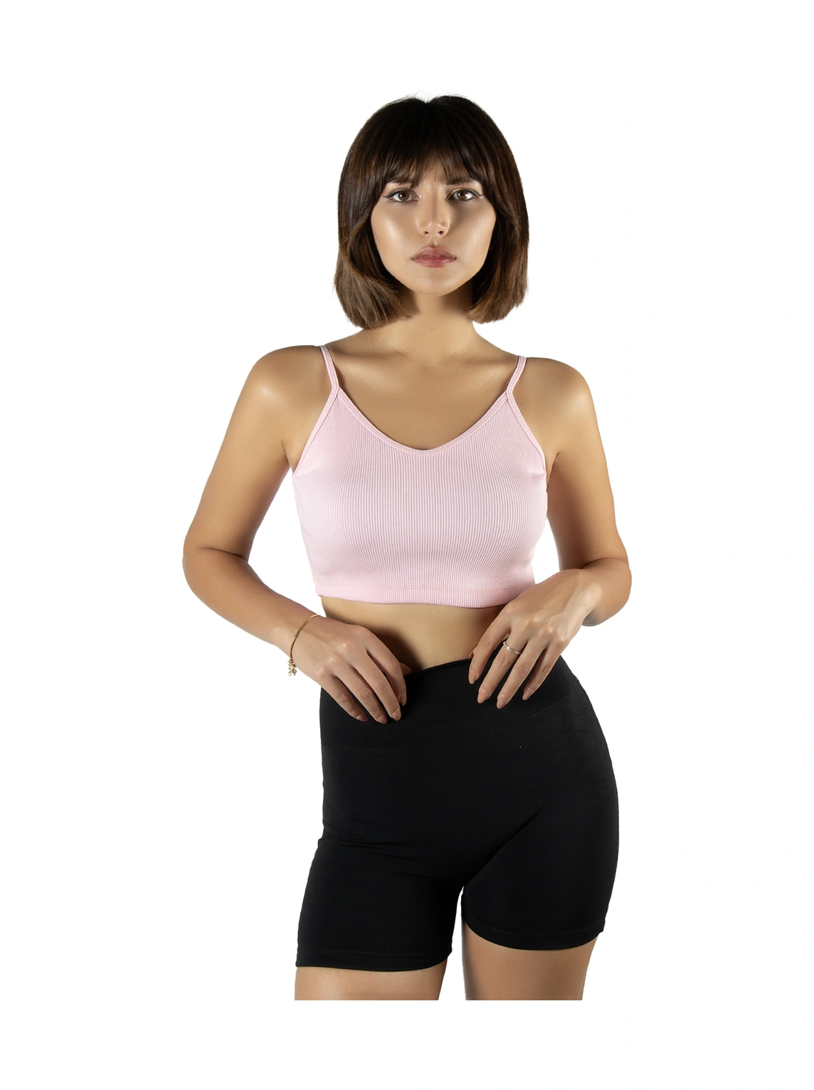 Veaven Pembe İp Askılı Fitted/vücuda Oturan Fitilli Örme Crop Top Bluz Pembe