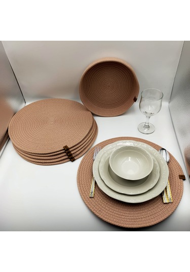 6 Kişilik Pudra Rengi Amerikan Servis, Hasır Supla Takımı Pudra