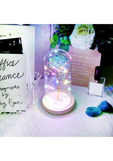 Vkemall Renkli Led Işıklı Cam Kapaklı Altın Folyo Gül Dekoratif Ayna, Oda Dekoru Ve Gece Lambası, Ahşap Tabanlı, 20 Led Işık, Pil Gerektirir Pil Dahil Değil Renkli