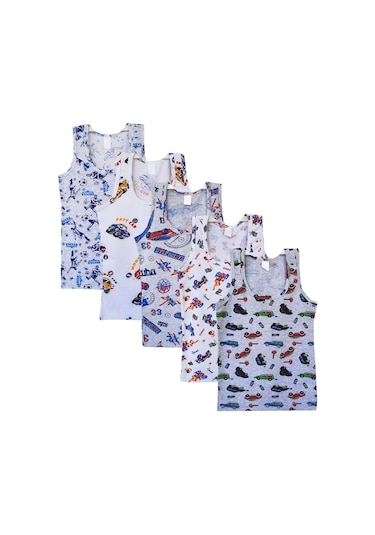 5Li Erkek Çocuk Renkli Desenli Atlet %100 Pamuklu Neşeli