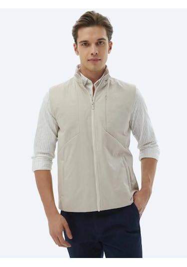 Kip Ekru Regular Fit Dik Yaka Casual Dokuma Spor Yelek Ekru