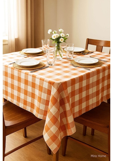 Mira Home Kareli Masa Örtüsü Sofra Bezi 160x160 Cm Happytime Turuncu