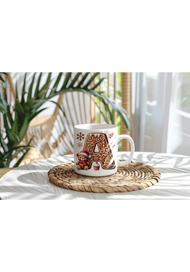 A Kurabiye Harf Ve Ayıcık Detaylı Kupa Bardak - Yeni Yıl / Yılbaşı Temalı Tasarım - Noel Hediye Beyaz