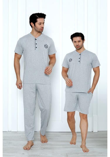 Yüksek Kaliteli Pamuk Penye: Erkekler İçin Mevsimlik 3 Parça Kısa Kollu Pijama Takımı Babalar Günü Hediyesi Gri