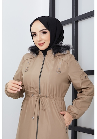 adın Içi  Kürklü Astar Altı Elyaf Belden Büzgülü Uzun Pardesü Açık Bej