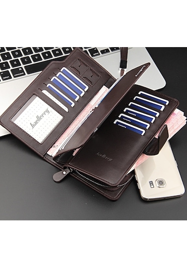 Baellerry Casual Cüzdan Uzun Debriyaj Üç Katlı Cüzdan Erkekler İçin Çok Fonksiyonlu Telefon Çantası Siyah