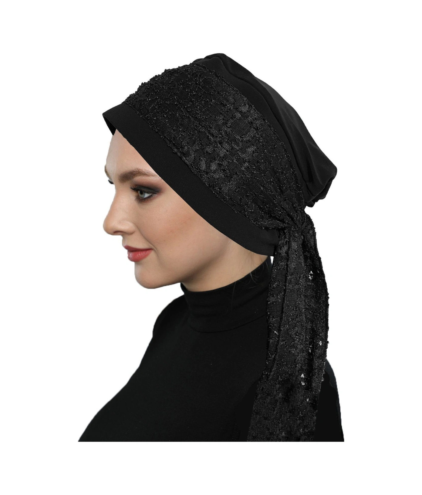 Dantel Bandana Siyah Hazır Türban Tesettür Bone Siyah
