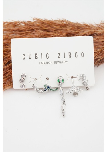 Kadın Kararmaz Altın Kaplama Yılan Detaylı 6'Lı Zirkon Set Küpe Gümüş-M Altın