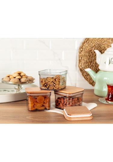 Madame Coco Kaviera 500ml Ahşap Kapaklı Saklama Kabı 3'lü 1ksakl0432500 Ml-füme Çok Renkli