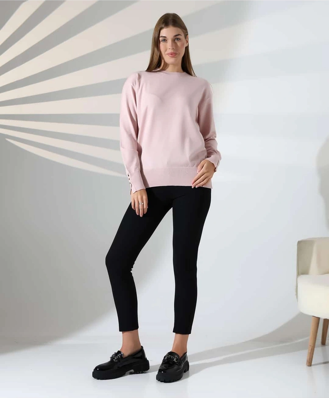 Gündelik Şıklık Kol Düğme Detay Triko Kazak Pembe