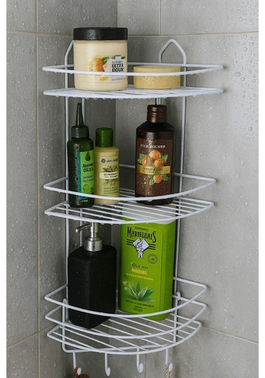 Paslanmaz Beyaz Yapışkanlı Banyo Köşeliği Düzenleyici, Şampuanlık, Duş Rafı 3 Katlı - 4 Kancalı - Ek-03 Beyaz