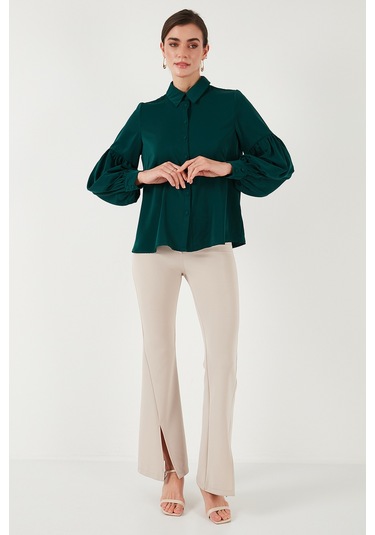 Lela Regular Fit Dikiş Detaylı Düz Yaka Balon Kol Bayan Gömlek 611Go00003 Zümrüt