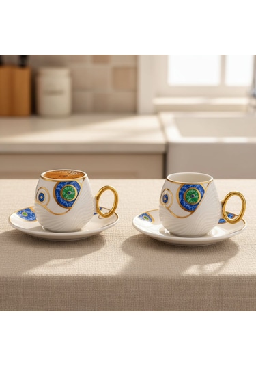 Evil Eye Nazar Boncuğu Figürlü 6 Kişilik Porselen Kahve Fincan Takımı Mavi - Beyaz