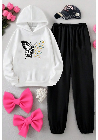 Papatya Kelebek Baskılı Çocuk Rahat Eşofman Takımı Beyaz