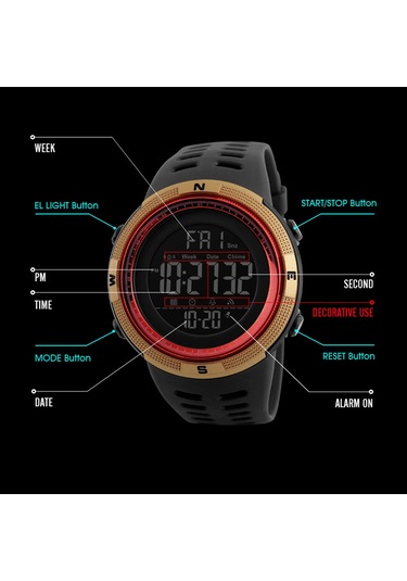 Lemestar Skmeı 1251 Erkek Spor Saati, Çift Zamanlı, Geri Sayım, 50m Su Geçirmez, Alarm, Kronometre, Yeşil Renk Dijital Saat