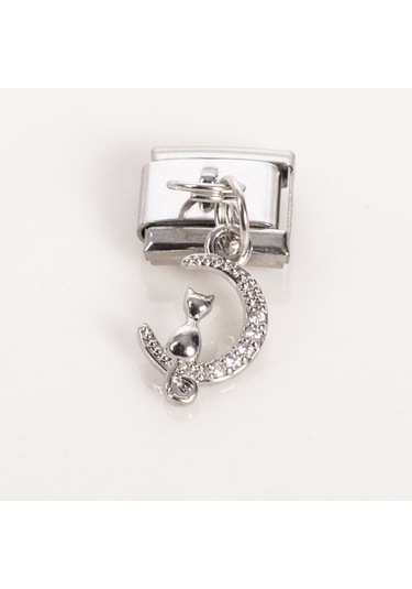 Nur Silver Sallantılı Ay Ve Kedili Çelik İtalyan Charmı Nur-ic00001 Silver