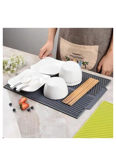 Rotanev Gri Büyük Boy Silikon Su Toplamaz Bulaşık Kurutma Matı Bulaşıklık - Bulaşık Altlığı 44 X 33 Cm