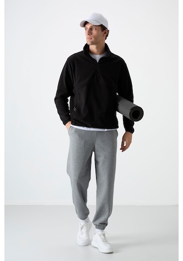 Dik Yaka Yarım Fermuarlı 2li Paket Siyah-gri Melanj Erkek Polar Sweatshirt - 87891 Siyah - Gri