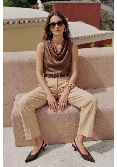 Sateen Degaje Yaka Saten Bluz - Açık Kahve-137427 Açık Kahverengi