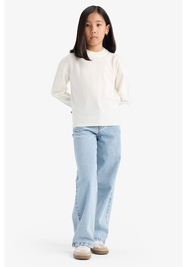 Defacto Kız Çocuk Standart Fit Bisiklet Yaka Triko Kazak C6902a825auer105 Ekru