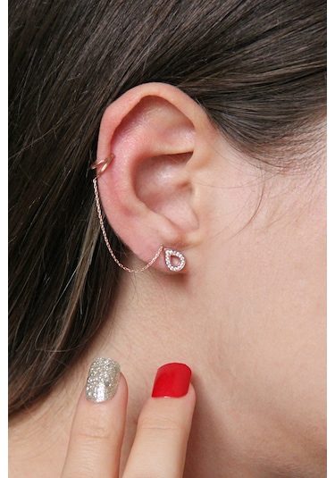 Argentum Concept 925 Ayar Gümüş Damla Figürlü Rose Zincirli Kıkırdak Küpe - K034901