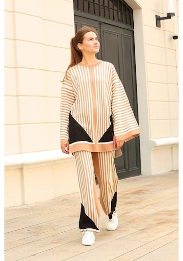 Çizgili Bisiklet Yaka Triko Takım Vizon Vizon