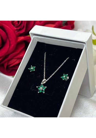 Zümrüt Yeşili Çiçeği Kadın 2'li Set 925 Ayar Gümüş Rodyumlu Zirkon Taşlı Gümüş