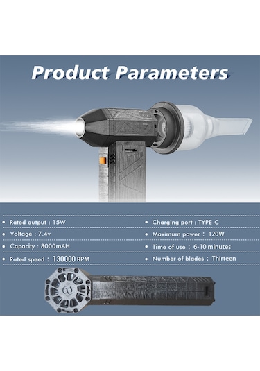 Geeksen Mini Turbo Jet Fan 52m/s Turbo Şiddetli Fan 130000 Rpm Şarj Edilebilir Güçlü Üfleyici