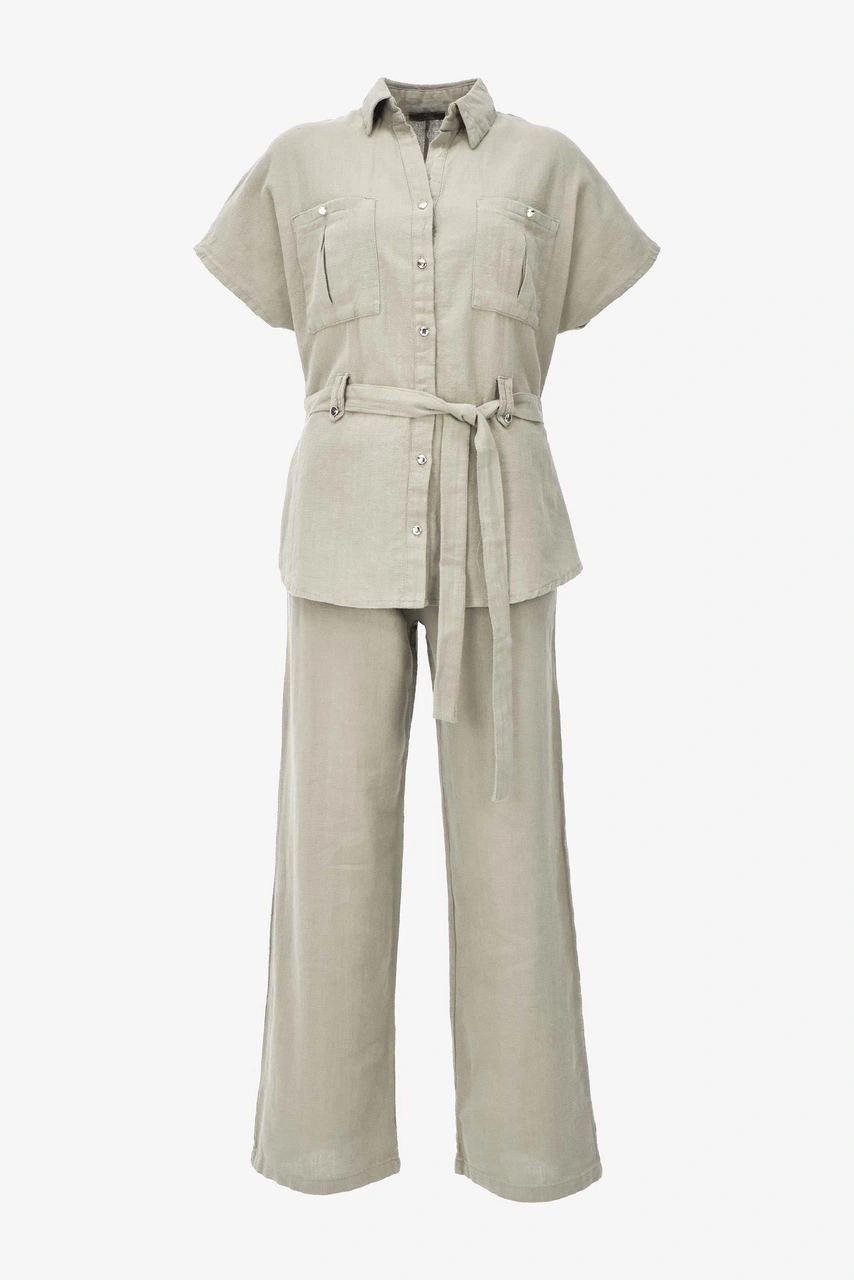 Keten Kuşaklı Gömlek Pantolon Takım - Bej Bej