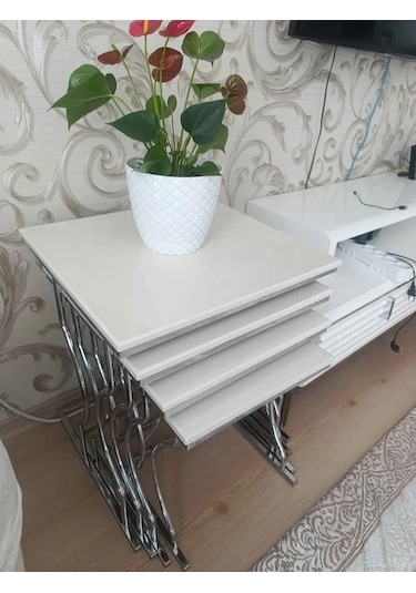 Arden Elite 4'lü Kare Zigon Sehpa Seti Gümüş Krom Ayak, Krem Mdf Beyaz