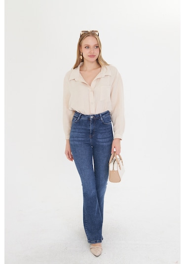 Kadın Oversize Basic Cepli Müslin Gömlek Bej