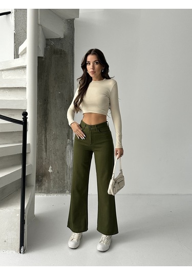 Kadın Yüksek Bel Keten Boyfriend Bol Paça Haki