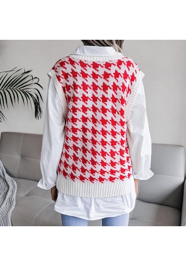 Kazak Yelek Kadın V Boyun Örme Yelek Streetwear Sonbahar Kış Vintage Giyim Rahat Gevşek Kolsuz Kazak Kırmızı