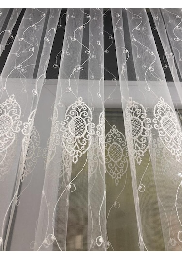 Tül Perde Çerçeve Desen Brillant Marka Sedef Sim Brode Işleme Ekru