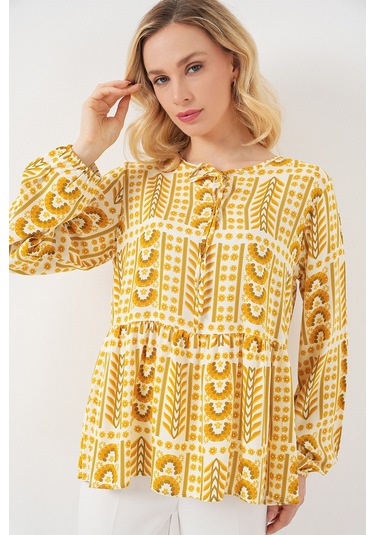 Kadın Desenli Uzun Kol Bluz 970 - Sarı Sari