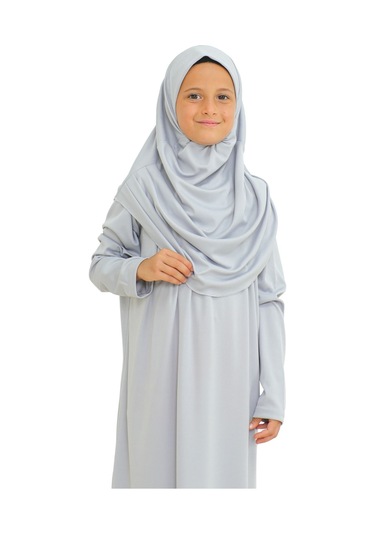 İki Parça Çocuk Elbisesi Seti Eşarp İle Takım Gri