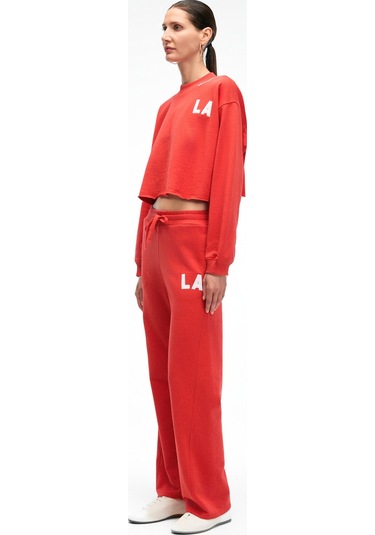 DELYRA Kadın Bisiklet Yaka Rahat Kesim Nakış Detaylı Kırmızı Sweatshirt