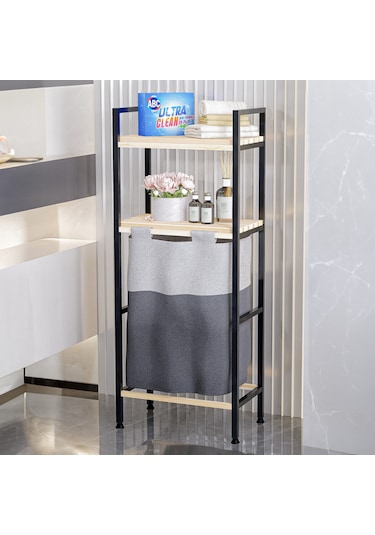 Bino Ahşap Raflı 2 Katlı Büyük Boy Kapaklı Çamaşır Kirli Sepeti Çok Amaçlı Banyo Düzenleyici Siyah