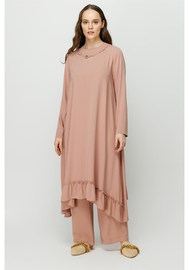 Eteği Büzgü Detaylı Tunik Pantolon Takım Pudra-pudra Pudra