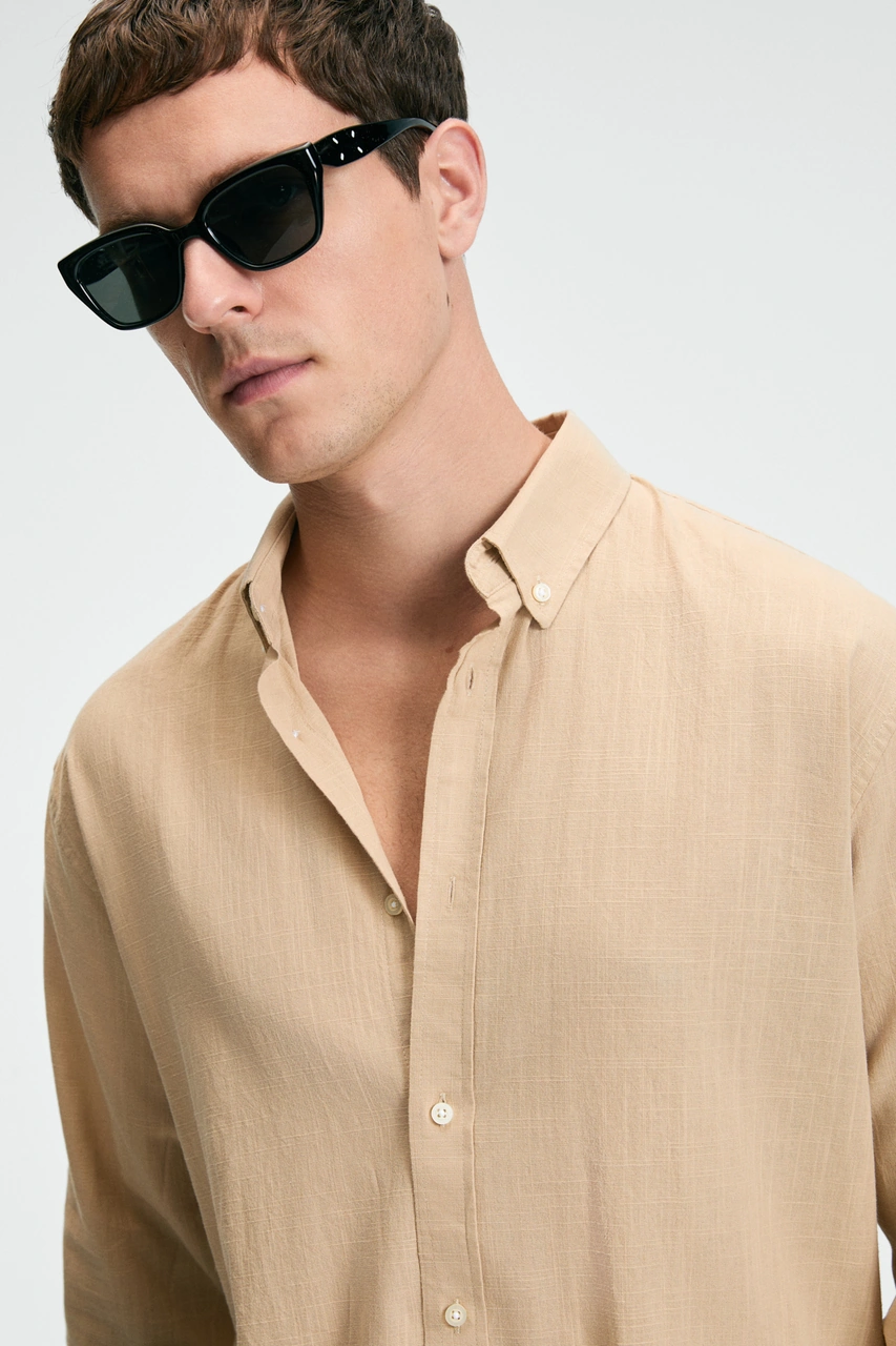 Grımelange Perttu Erkek %100 Pamuk Slim Fit Dar Kesim Düğmeli Yaka Keten Görünümlü Flamlı Bej Gömlek Bej