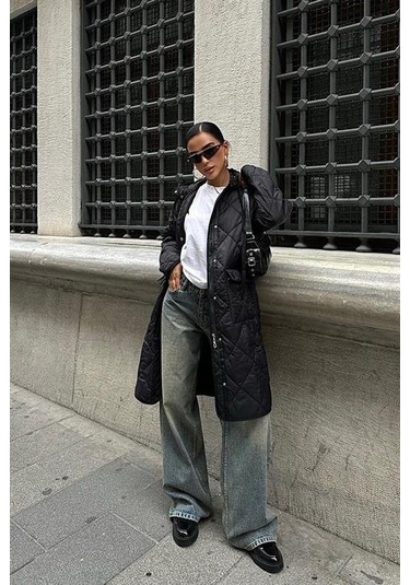 Munn Collection Fermuar Ve Kapşonlu Uzun Kapitone Mont 7062 Siyah