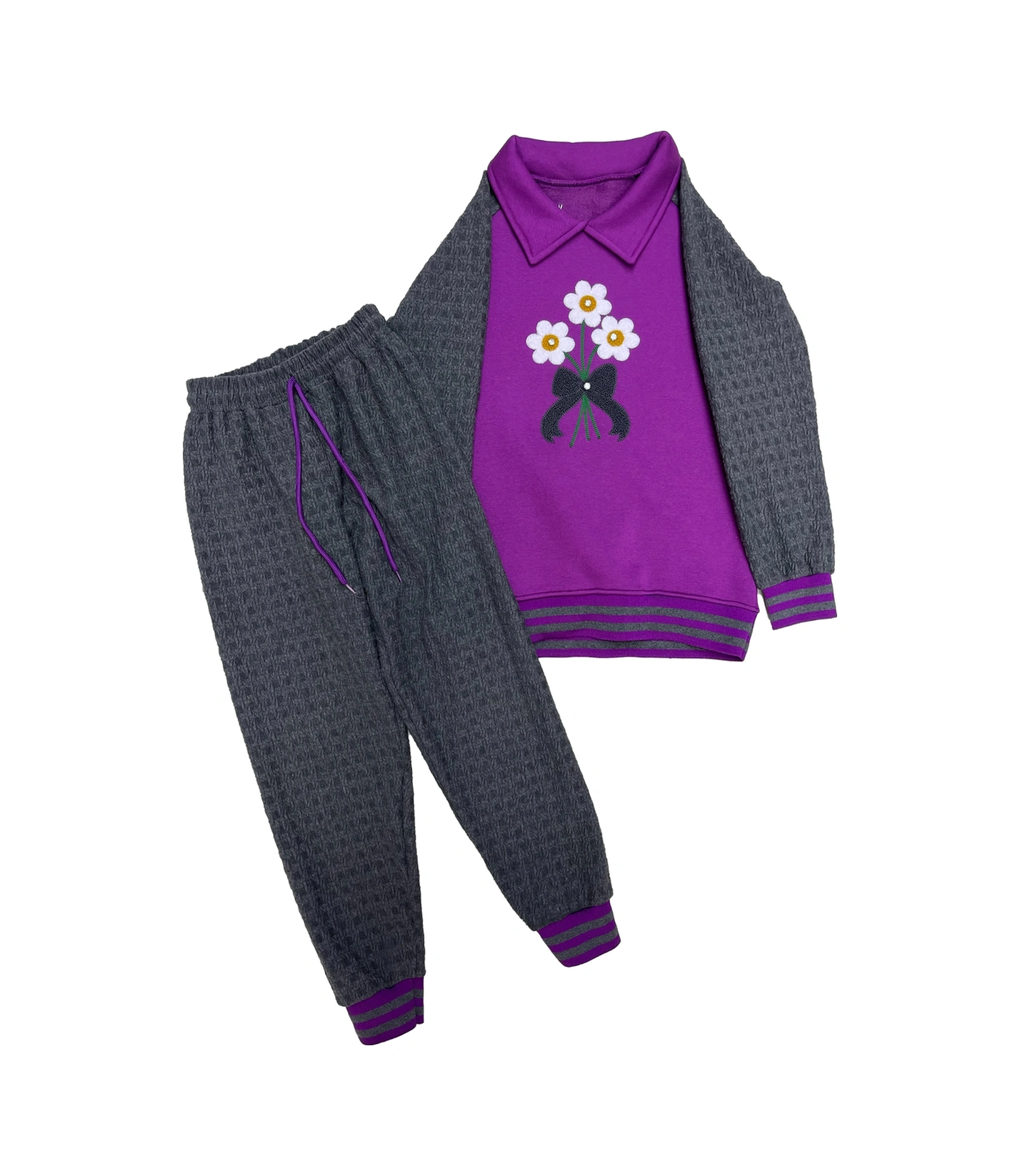 Kız Çocuk Papatya Nakışlı Ribana Detaylı 3 İplik Alt- Üst Takım 12322 Lila