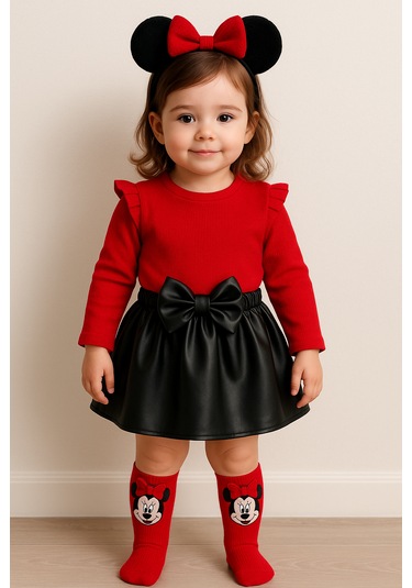 Deri Etek Badi, Diz Altı Çorap Takımı Kız Çocuk Takım Kırmızı