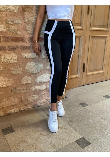 Leyla Sanat Sanata Yeni Bir Bakış Açısı Kadın Yan Çift Şerit Detaylı Toparlayıcı Egzersiz Dalgıç Tayt SiYAH