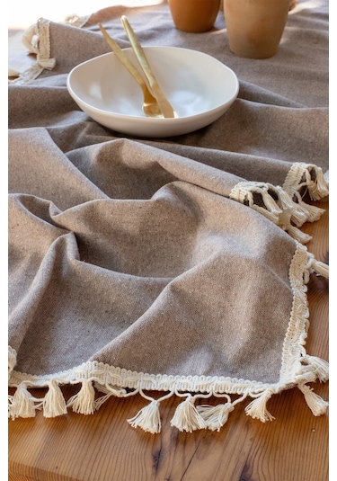 Vivamaison Pamuk Püsküllü Runner Masa Örtüsü 45 x 150 Kahverengi