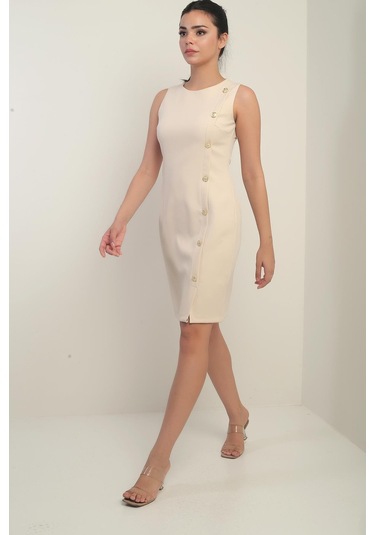 Kadın Kendinden Telalı Yan Düğmeli Kısa Elbise-40999 Bej