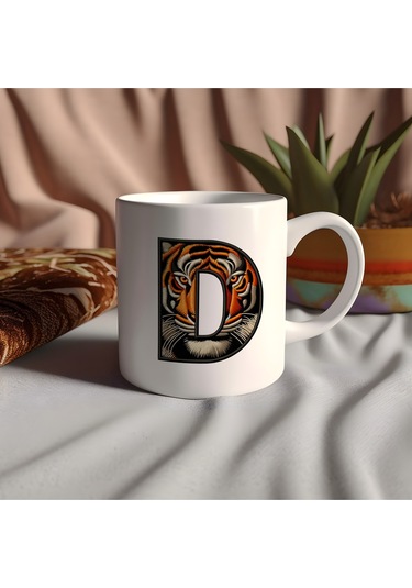 D Harfi Kaplan Figürlü Nakış Desenli Kupa Bardak - Kişiye Özel Vahşi Hayvan Desenli Kupa - Hediye Beyaz