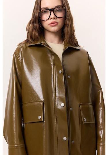 Halsey Dokulu Deri Ceket Yeşil Yeşil